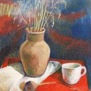 PINTURA ORIGINAL VINTAGE, realismo socialista, naturaleza muerta, espigas de trigo en una jarra, cartón, óleo, década de 1990, artista ucraniano K. Yakubek