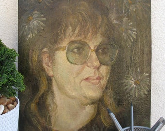 PEINTURE ORIGINALE VINTAGE, peinture à l’huile, réalisme, réalisme socialiste, genre, portrait, portrait féminin, Femme avec lunettes, 1993, B. Portnoy