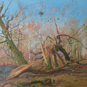 VINTAGE ORIGINAL PAINTING, oil painting, socialist realism, landscape, Trees, Old tree, 1995, artist L. Litvin