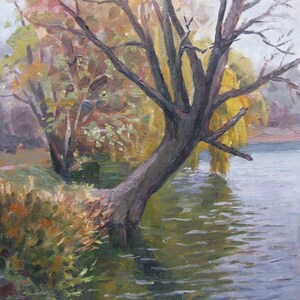 VINTAGE PINTURA ORIGINAL, realismo socialista, género, paisaje, día de otoño, óleo sobre cartón, 1970, artista I. Goncharenko
