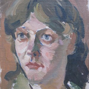 VINTAGE ORIGINAL PAINTING, socialist realism, genre, portrait, Girl, oil on cardboard, 1990s, Ukrainian artist Z. Osadtsa image 4
