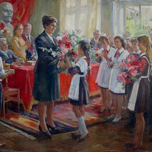 VINTAGE ORIGINAL PAINTING, socialist realism, genre painting, The first of September, painted in 1970 by Ukrainian artist Y. Ocheretko