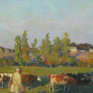 May include: A painting depicting a rural scene with a man driving cows across a field. The cows are brown and white, and the man is wearing a light brown jacket and a hat. The background features a verdant field with trees and a distant village.