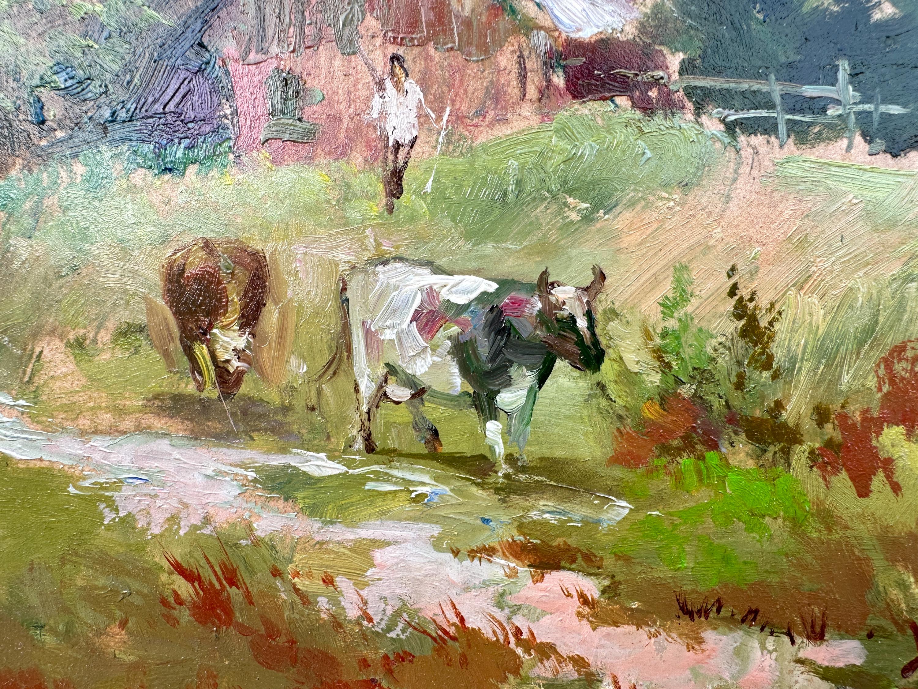 田園風景油絵、牧草地の牛、印象派、21 x 21 cm - Etsy 日本