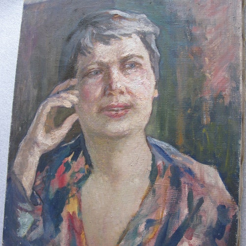 VINTAGE ORIGINAL PAINTING, socialist realism, genre, portrait, Woman with a colorful scarf, oil, canvas, 1982, Ukrainian artist Y. Lyubavin shops