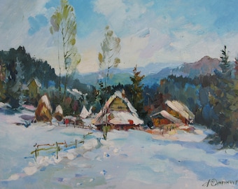 VINTAGE ORIGINAL PAINTING, oil painting, socialist realism, landscape, Sunny winter day, Snowy winter, 2007, artist Yu. Suprunchuk