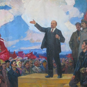 VINTAGE ORIGINAL PAINTING, socialist realism, genre painting, portrait, Lenin&#39;s performance, oil on canvas, 1960s, artist S. Kovalenko
