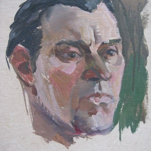PINTURA ORIGINAL VINTAGE, realismo socialista, género, retrato, Hombre serio, óleo sobre cartón, década de 1990, artista ucraniano Z. Osadtsa