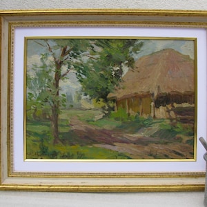 VINTAGE ORIGINAL PAINTING, socialist realism, oil painting, vintage, impressionism, landscape, Houses in the village, 1992, N. Rabotiagov