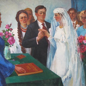 PINTURA ORIGINAL VINTAGE, realismo socialista, género, Boda, óleo sobre lienzo, pintado en la década de 1960 por el artista ucraniano I. Loboda