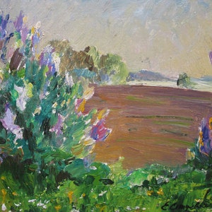VINTAGE ORIGINAL Painting, sozialistischer Realismus, Genre, Landschaft, Frühling, Pappe, Öl, 1980er Jahre, Künstler E. Spitsevich