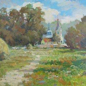 VINTAGE ORIGINAL GEMÄLDE, Ölgemälde, sozialistischer Realismus, Landschaft, Kirche im Dorf, 2007, Künstler Yu. Suprunchuk