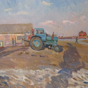 VINTAGE ORIGINAL PAINTING, realismo socialista, pintura de género, En una granja, cartón, óleo, 1970, artista ucraniano L. Sheludko