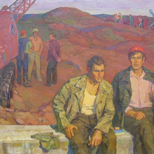 VINTAGE ORIGINAL PAINTING, socialist realism, genre painting, Builders, oil on canvas, 1972, Ukrainian artist E. Samusev