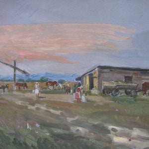 PINTURA ORIGINAL VINTAGE, quadro "Acampamento de Verão", óleo sobre papelão, pintado em 1967 pelo artista ucraniano K. M. Yakubek realismo socialista