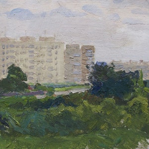 PINTURA ORIGINAL VINTAGE, realismo socialista, paisagem, Casa nova, óleo sobre papelão, década de 1970, artista ucraniano Y. Lyubavin
