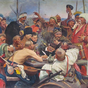 PINTURA ORIGINAL VINTAGE, pintura de gênero, uma cópia da famosa pintura Cossacos escrevem uma carta ao sultão turco (# 2), década de 1960