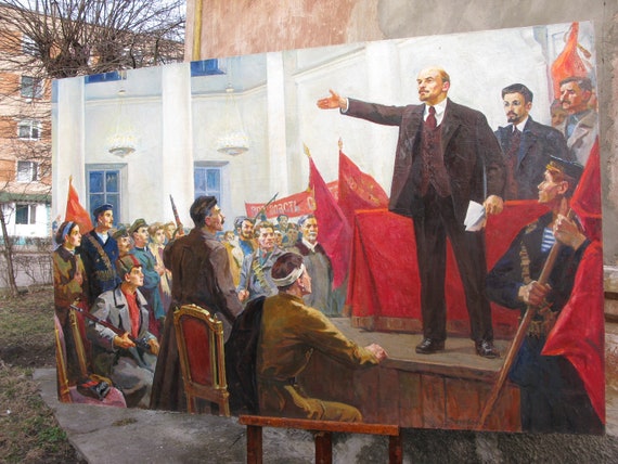 VINTAGE ORIGINAL PAINTING, Socialist Realism, Genre, Lenin's