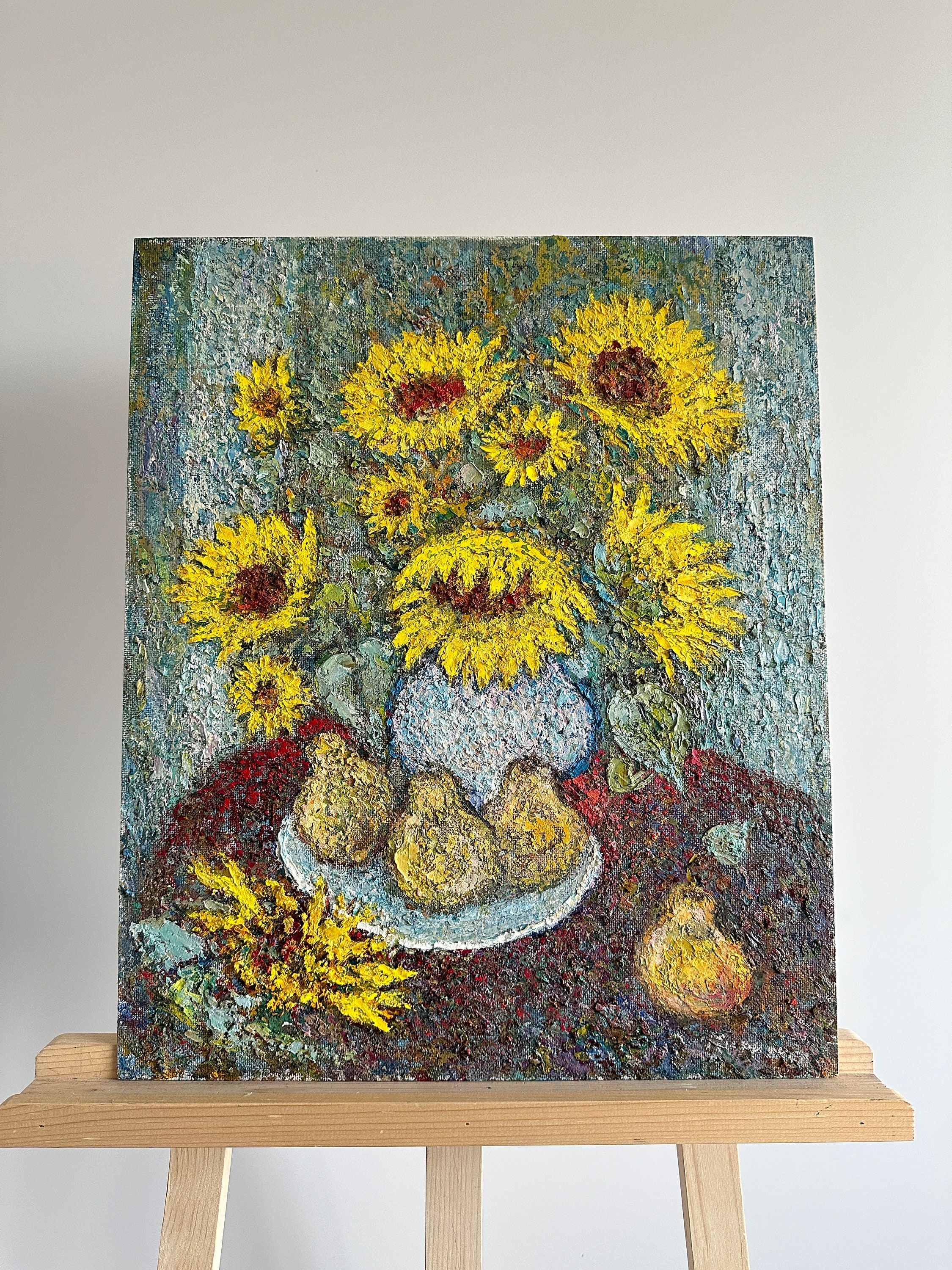 オリジナル絵画、油絵、印象派、静物画、果物と花、ひまわりと梨