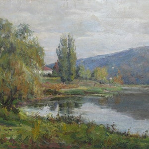 VINTAGE ORIGINAL PAINTING, socialist realism, landscape, Autumn, oil on canvas, 1960s, by Ukrainian artist V. Nepeypivo