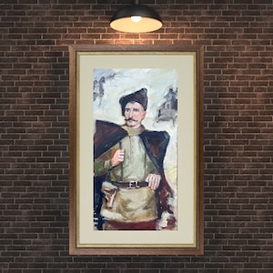 VINTAGE PAINTING, oil painting, socialist realism, portrait, male portrait, Portrait of Chapaev, artist F. Ryabokon