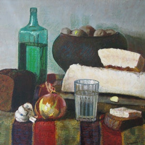 May include: A still life painting of a rustic table setting with a green glass bottle, a loaf of bread, a large onion, a glass of vodka, and a plate of white lard.