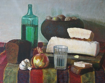MODERN ORIGINAL PAINTING, oil painting, socialist realism, still life, food, Potatoes in a pot, Ukrainian lard, 2021, S. Antonyuk