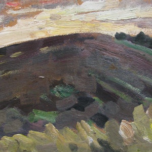 VINTAGE ORIGINAL Painting, sozialistischer Realismus, Genre, Landschaft, In der Nähe des Feldes, Pappe, Öl, 1980er Jahre, Künstler Y. Lyubavin