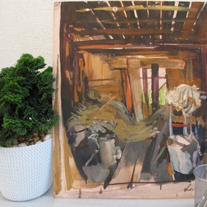 VINTAGE ORIGINAL PAINTING, socialist realism, impressionism, oil painting, vintage, landscape, Rural interior, In the barn, 1965, V. Lozovoy