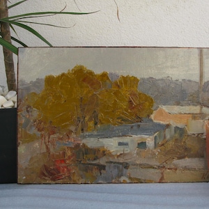 VINTAGE ORIGINAL MALEREI, Ölgemälde, Vintage Realismus, Sozialistischer Realismus, Impressionismus, Landschaft, Herbst in der Stadt, 1984, K. Litvin