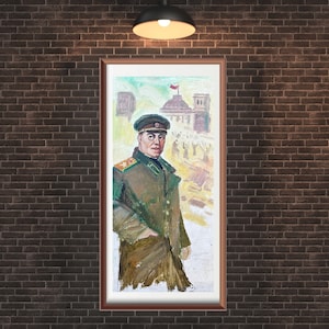 VINTAGE PAINTING, oil painting, socialist realism, portrait, male portrait, Portrait of a military man, artist F. Ryabokon