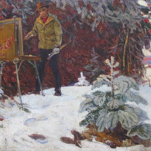 VINTAGE ORIGINAL PAINTING, socialist realism, genre, On winter sketches, oil, canvas, painted in the 1970s by Ukrainian artist L. Smolensky