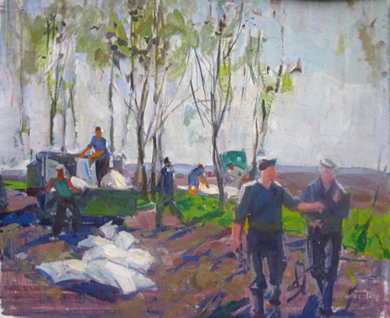 VINTAGE ORIGANAL PAINTING, socialist realism, “Sowing”, oil on cardboard, painted in 1972 by Ukrainian artist Dubina N.