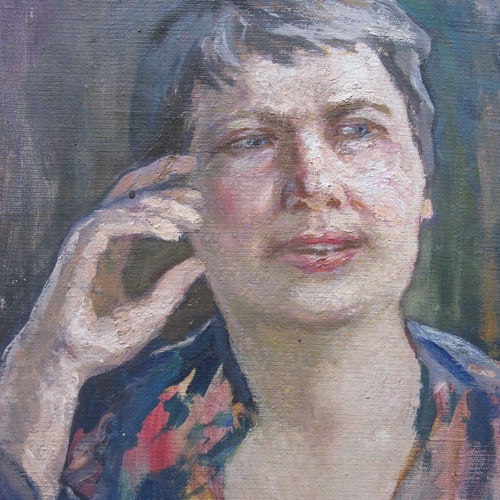 VINTAGE ORIGINAL PAINTING, socialist realism, genre, portrait, Woman with a colorful scarf, oil, canvas, 1982, Ukrainian artist Y. Lyubavin shops
