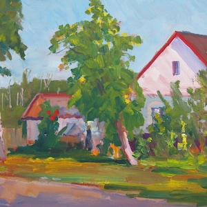 VINTAGE ORIGINAL PAINTING, oil painting, socialist realism, genre, Houses in the village, 2013, artist A. Rozbitsky