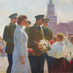 VINTAGE ORIGINAL PAINTING, socialist realism, genre, Cosmonauts, oil on canvas, painted in the 1960s by Ukrainian artist A. Solodovnikov
