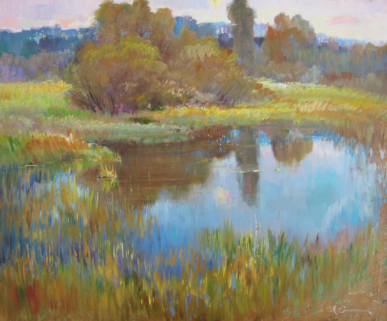 VINTAGE ORIGINAL PAINTING, oil painting, socialist realism, landscape, Sunny day, Lake shops in the village, 2010, artist Yu. Suprunchuk
