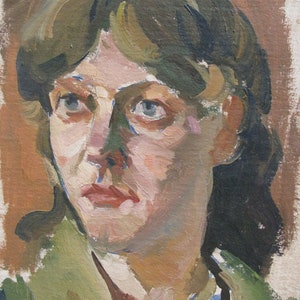 VINTAGE ORIGINAL PAINTING, socialist realism, genre, portrait, Girl, oil on cardboard, 1990s, Ukrainian artist Z. Osadtsa image 1