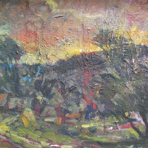 VINTAGE PINTURA ORIGINAL, realismo socialista, género, paisaje, puesta de sol de verano, óleo sobre cartón, 1974, artista ucraniano V. Vikhtinsky