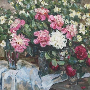 VINTAGE ORIGINAL PAINTING, socialist realism, still life, Peonies, oil on canvas, 1960s, Ukrainian artist V. Krasekhа