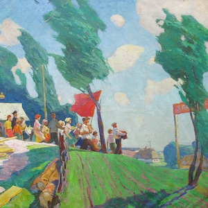 CUADRO ORIGINAL ANTIGUO, realismo socialista, género, 1 de mayo, óleo sobre lienzo, pintado en 1968 por el artista ucraniano D. Bednoshey