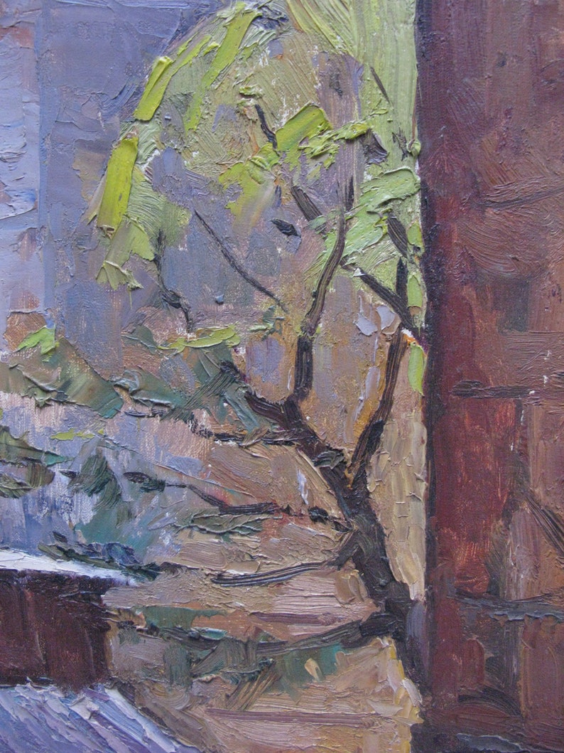 landscape Near the house VINTAGE ORIGINAL PAINTING 1980s oil on cardboard Ukrainian artist I socialist realism Babenko genre