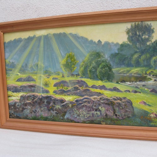 VINTAGE ORIGINAL PAINTING, vintage realism, socialist realism, impressionism, genre, landscape, Summer morning, offers 2004, artist V. Nikolyuk