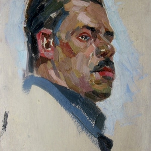 PINTURA VINTAGE ORIGINAL, óleo sobre cartón, pintado en la década de 1970, retrato "Hombre", autor Dovgalevskaya V.V., artista ucraniano.