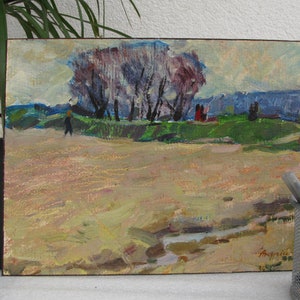 VINTAGE ORIGINAL GEMÄLDE, Ölgemälde, Sozialer Realismus, Vintage, Realismus, Impressionismus, Landschaft, Frühling, 1967, M. Andriychuk