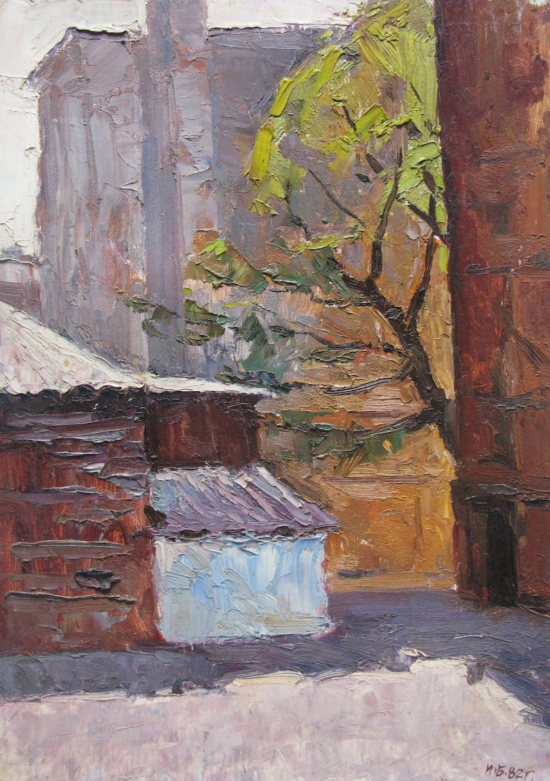 landscape Near the house VINTAGE ORIGINAL PAINTING 1980s oil on cardboard Ukrainian artist I socialist realism Babenko genre