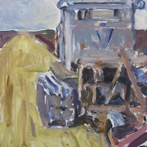 May include: A painting depicting a large, grey, weathered machine partially hidden by a pile of yellow hay. The machine has a large, rectangular body with a small, rectangular window. The painting is executed in a loose, impressionistic style.