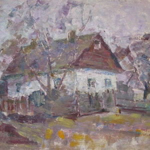 ORIGINAL VINTAGE PAINTING, oil on cardboard, landscape painting &quot;Early Spring&quot;, author Dovgalevskaya V.V., Ukrainian artist