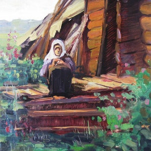 PINTURA ORIGINAL VINTAGE, realismo socialista, paisagem, Avó em casa, óleo sobre papelão, 1977, artista ucraniano A. Stirn