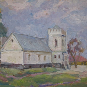 Original vintage painting, oil on cardboard, landscape, Landscape with a temple, author Dovgalevskaya V.V., Ukrainian artist.